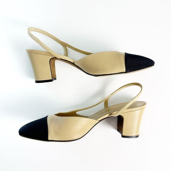 CHANEL Beige & Black Cap Toe Slingback Heels 39 US 8.5 CC Logo Almond Toe - Picture 10 of 14
